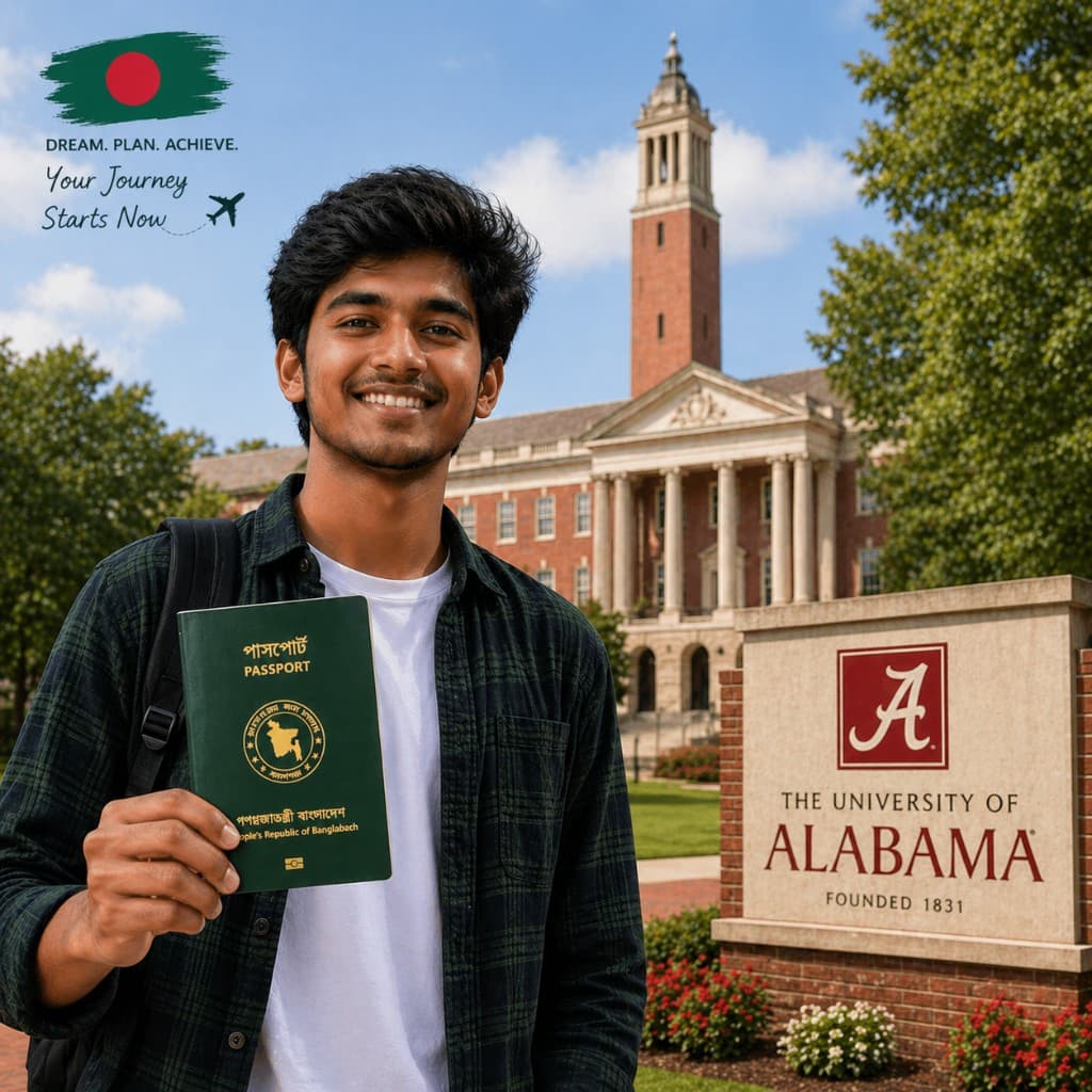 Student holding a passport on a university campus